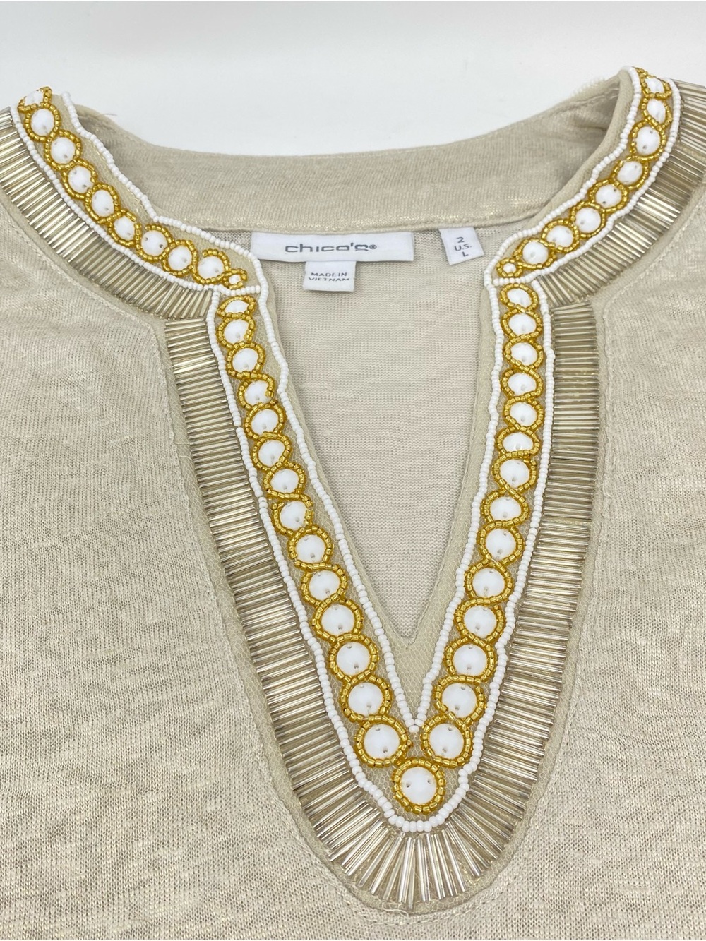 Chico's Linen Embellished Tunic Top Cream Tan Taupe Resort Beach Vacation L